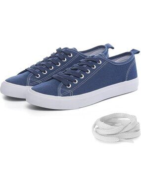Women's Navy Canvas Shoes Lightweight Extra Laces Low Top Lace-Up Sneakers